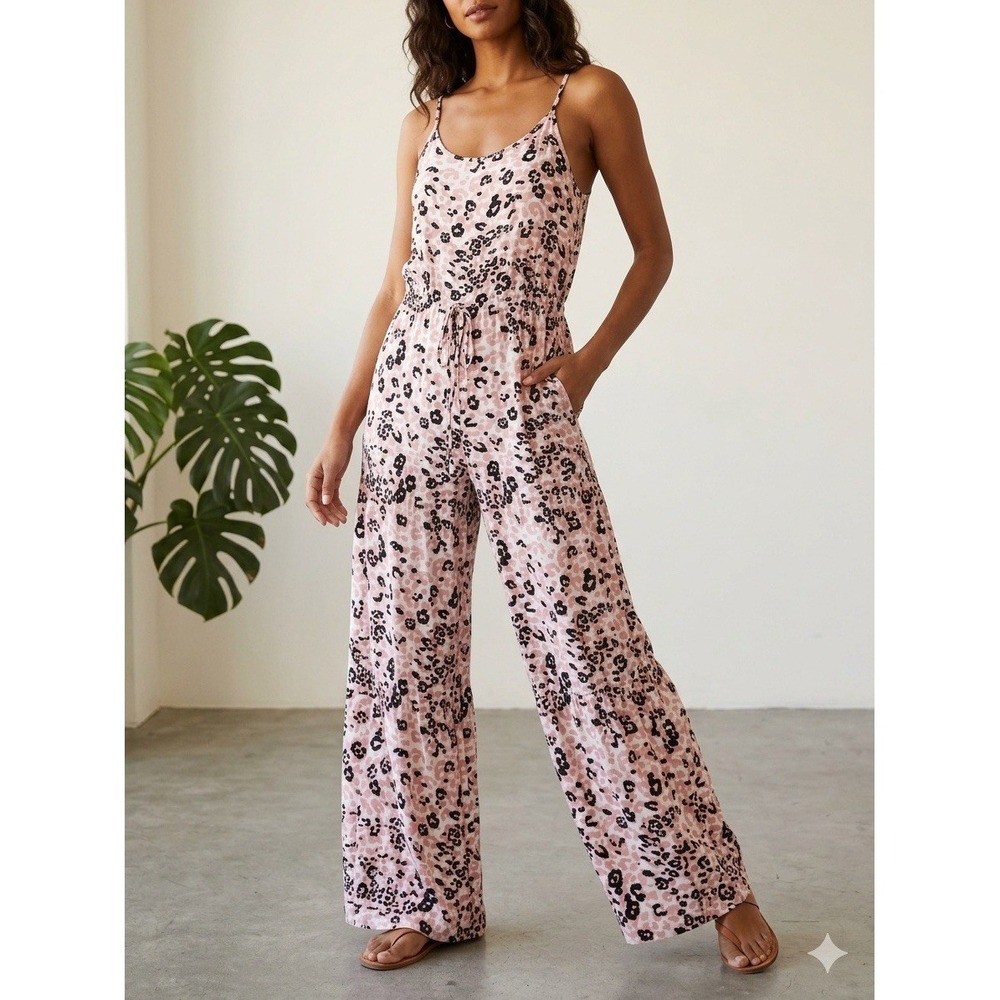 Women's Wild & Breezy Pink Cheetah Print Wide-Leg Drawstring Waist Jumpsuit XL